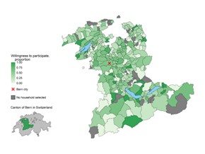 Pourcentage de personnes interrogées disposées à participer, par commune dans le canton de Berne, en Suisse.